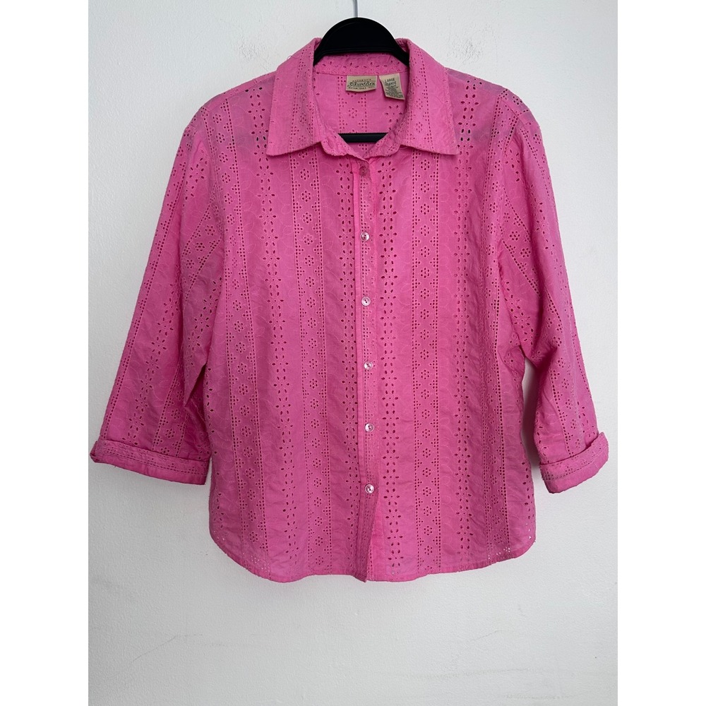 St Johns Bay Womens Pink‎ Eyelet Button Up 3/4 Sleeve LG Vibrant Shabby Vintage
